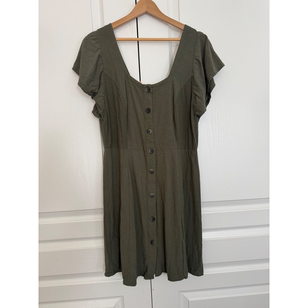 Universal Thread Size M Olive‎ Green Linen Blend Button Front Midi Dress #mc